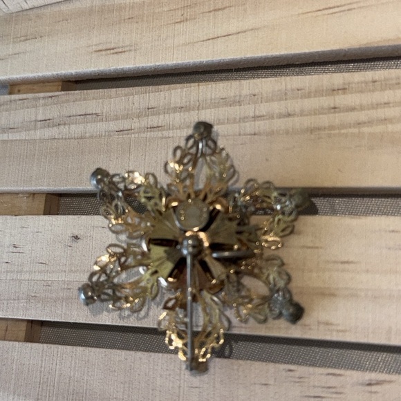 Vintage 1940’s Scitarelli Signed Brooch Gold Filigree Green & Clear Rhinestones - Picture 3 of 10